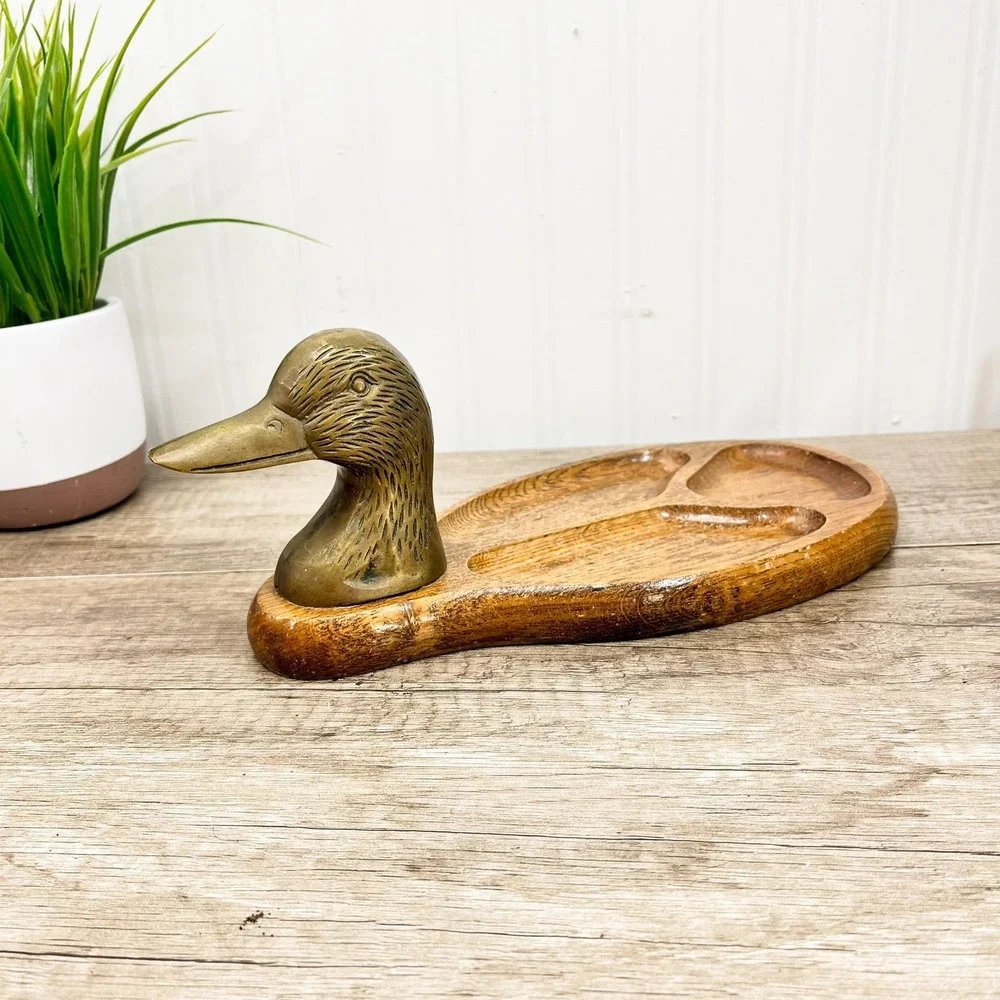 Vintage Brass Duck Tray: Wood Catch All Tray Valet Organizer